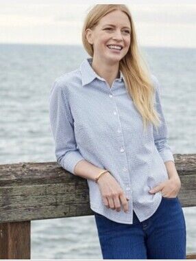 L.L. Bean Seersucker 3/4 Sleeve Blouse Blue & White L Coastal Preppy Nautical